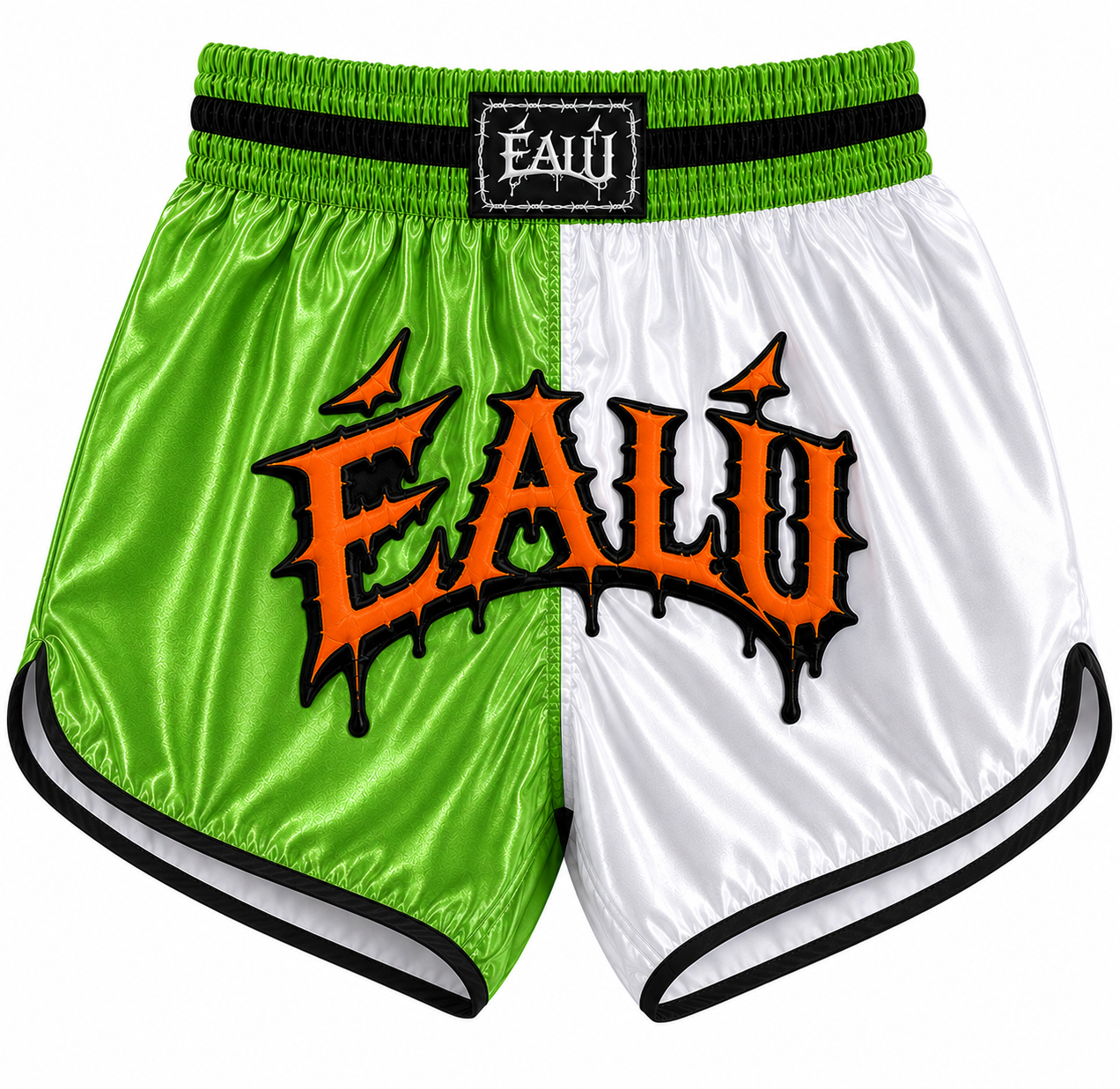 MUAY THAI SHORTS (MID THIGH CUT) - GREEN / WHITE