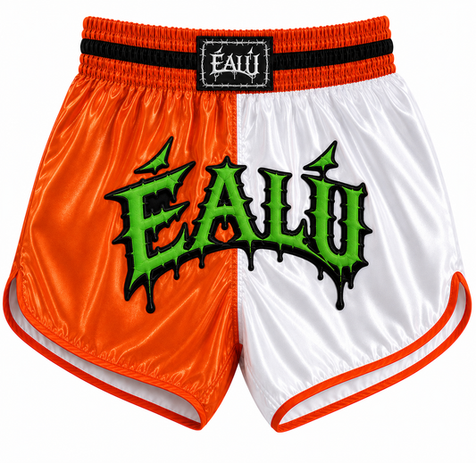 MUAY THAI SHORTS (MID THIGH CUT) - ORANGE / WHITE