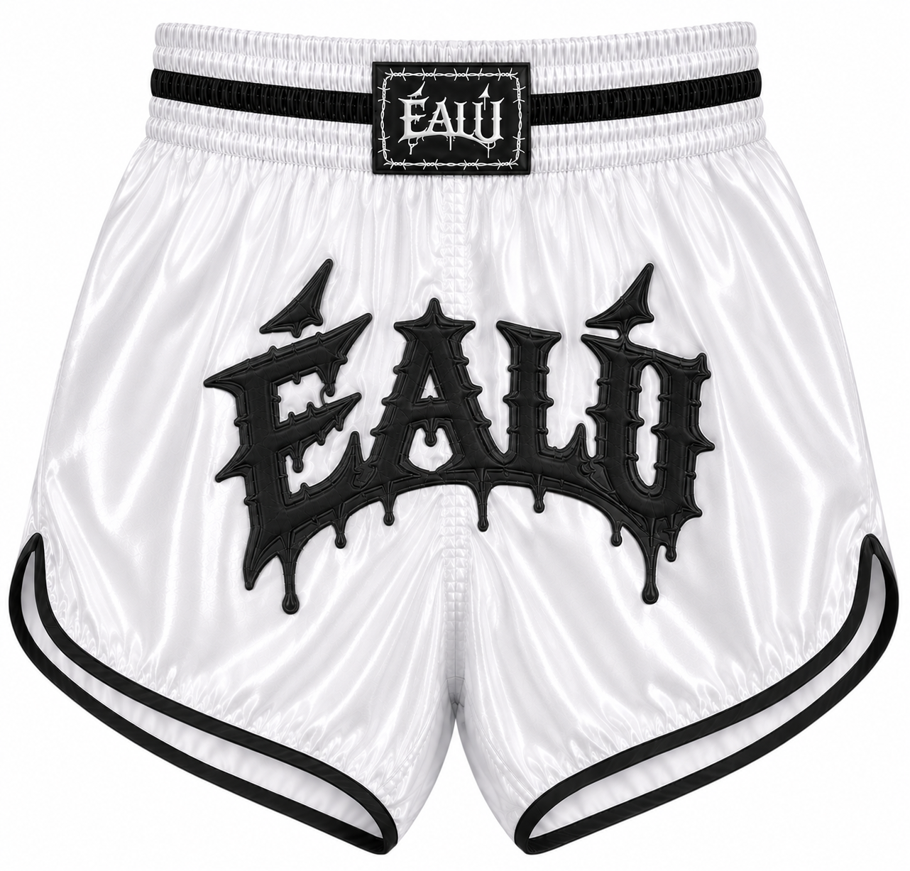 MUAY THAI SHORTS (MID THIGH CUT) - BLACK / WHITE
